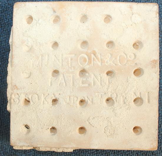 Twenty five Minton & Co encaustic floor tiles, 19th century, 15cm sq., old mortar